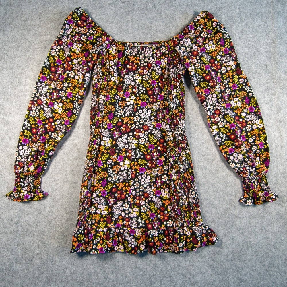 Forever 21 Ditsy Floral Smocked Long Sleeve Mini Dress Sz S Black Cottagecore